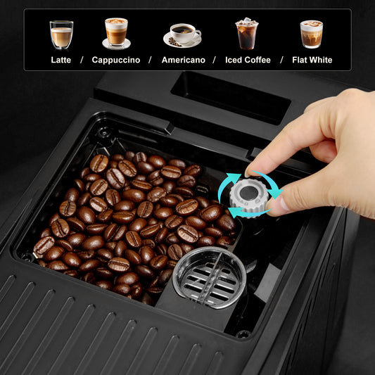 Automatic Espresso Coffee Machine with Grinder and Milk Frother, 19 Bar Pressure Extraction, Auto Cleaning & Descaling Function - for Latte, Cappuccino, Americano, Flat White, Iced & Hot Coffee