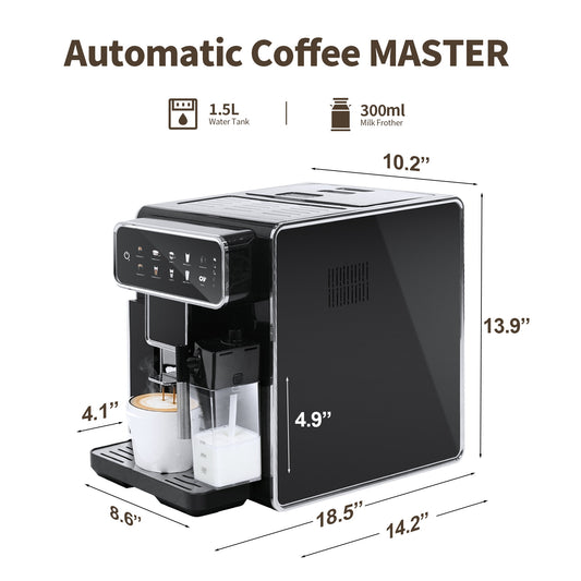 Automatic Espresso Coffee Machine with Built-in Grinder and Milk Frother, Super-Automatic Expresso Coffe Maker, Intuitive Touch Display, 7 Coffee Recipes for Latte, Cappuccino, Americano, Iced and Hot Coffee