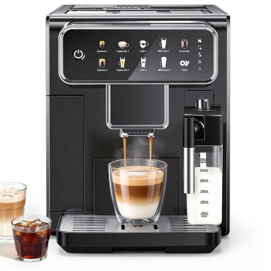 Automatic Espresso Coffee Machine with Built-in Grinder and Milk Frother, Super-Automatic Expresso Coffe Maker, Intuitive Touch Display, 7 Coffee Recipes for Latte, Cappuccino, Americano, Iced and Hot Coffee